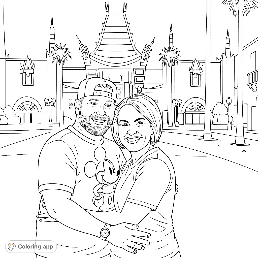 A happy couple embraces in front of a grand, iconic theme park building, ready for a magical coloring adventure. Perfect for fans of fun and romance.