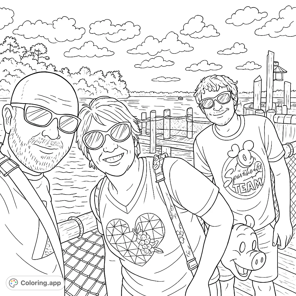 Capture happy memories with this family portrait coloring page. Features three smiling individuals by a scenic waterfront dock.