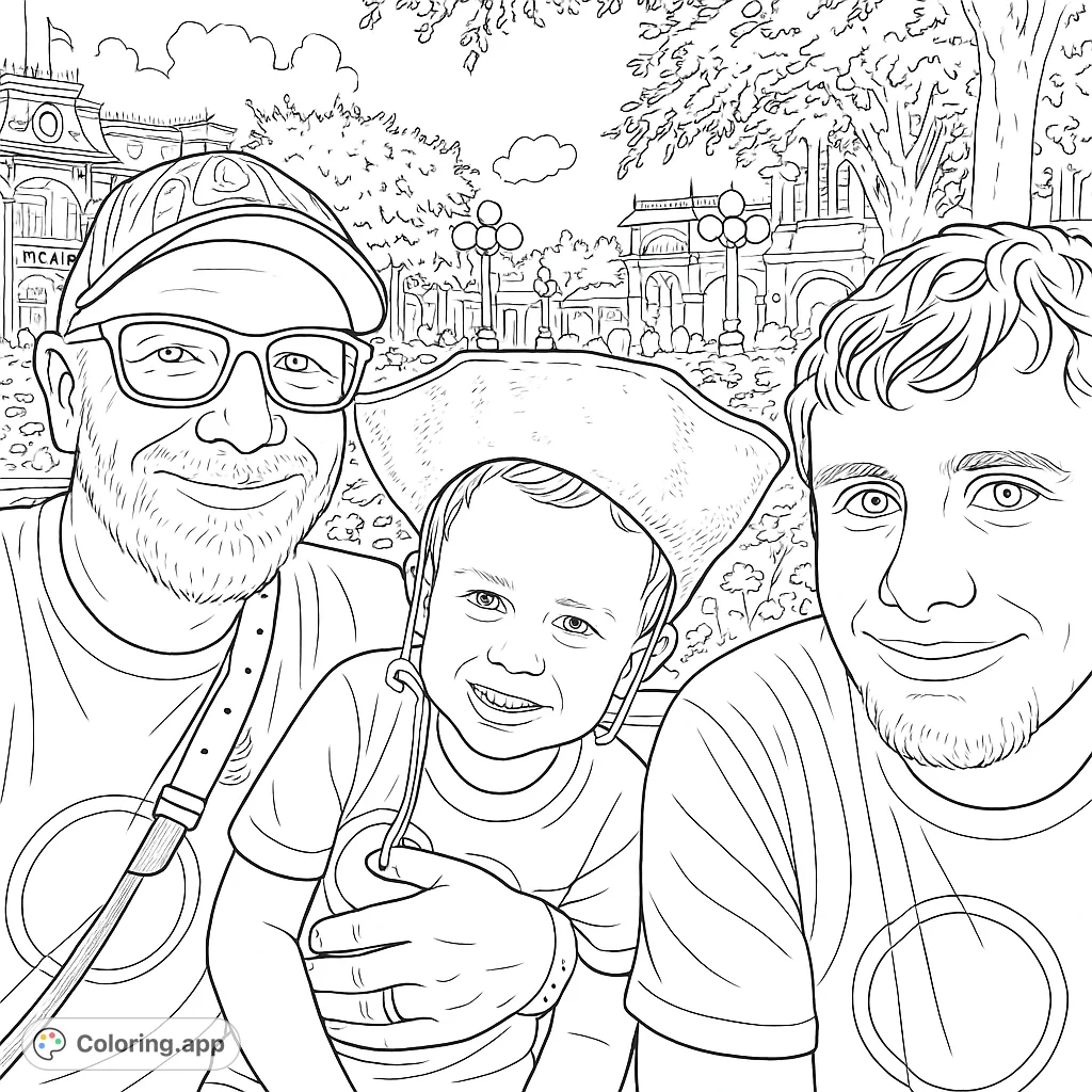 Color a heartwarming family portrait at a bustling theme park, featuring a dad, son in a pirate hat, and another young adult, amidst park scenery.