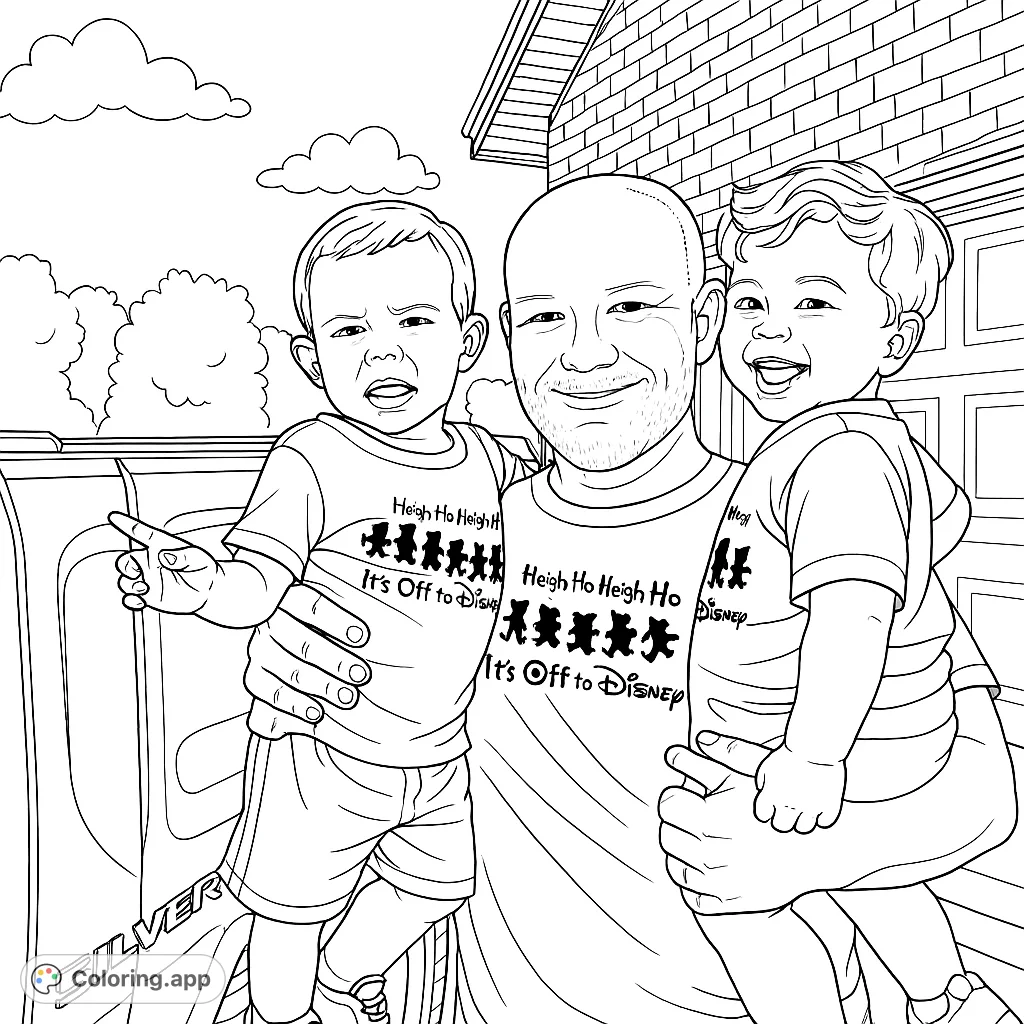 A heartwarming family portrait featuring a smiling father holding two young children, set against a house and truck. Perfect for family fun.
