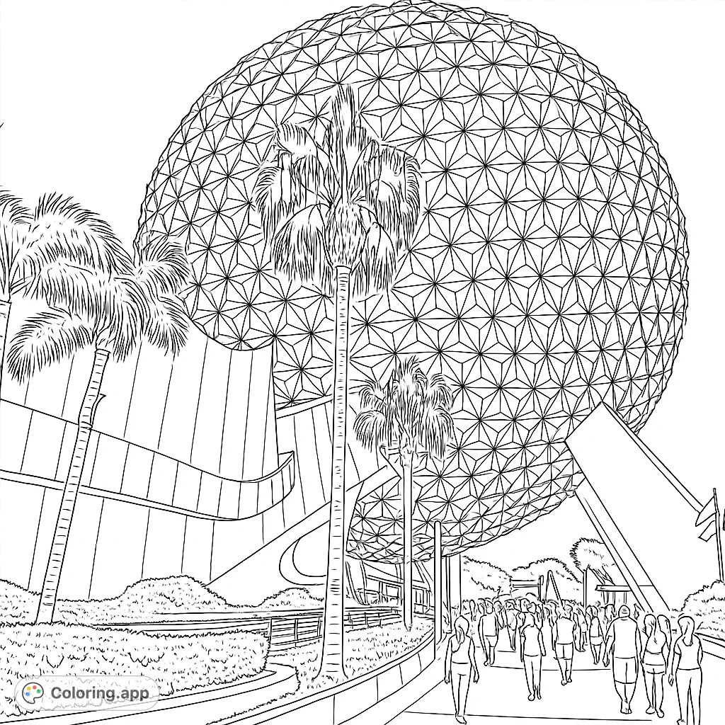 Color a magnificent geodesic sphere with intricate patterns, framed by tall palm trees and modern architecture. A futuristic landmark awaits your creativity!