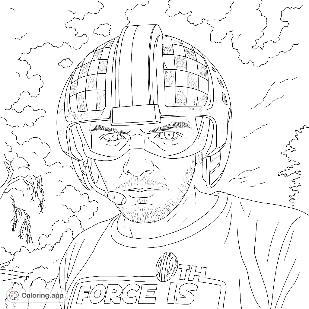 Color a detailed sci-fi pilot wearing a checkered helmet and visor. Features a unique t-shirt design and a cloudy sky background.