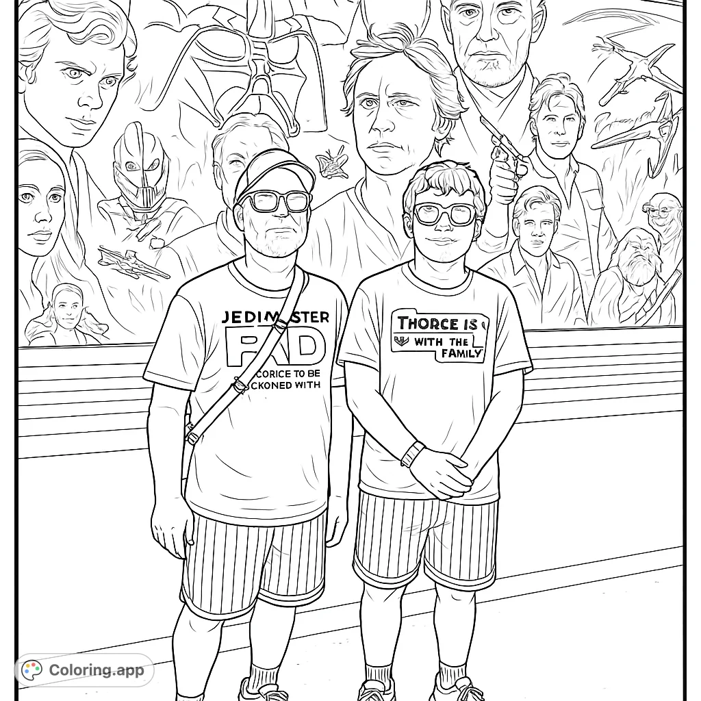 Two fans pose before an epic sci-fi mural featuring iconic heroes, villains, and starships, ready for a galactic coloring adventure.