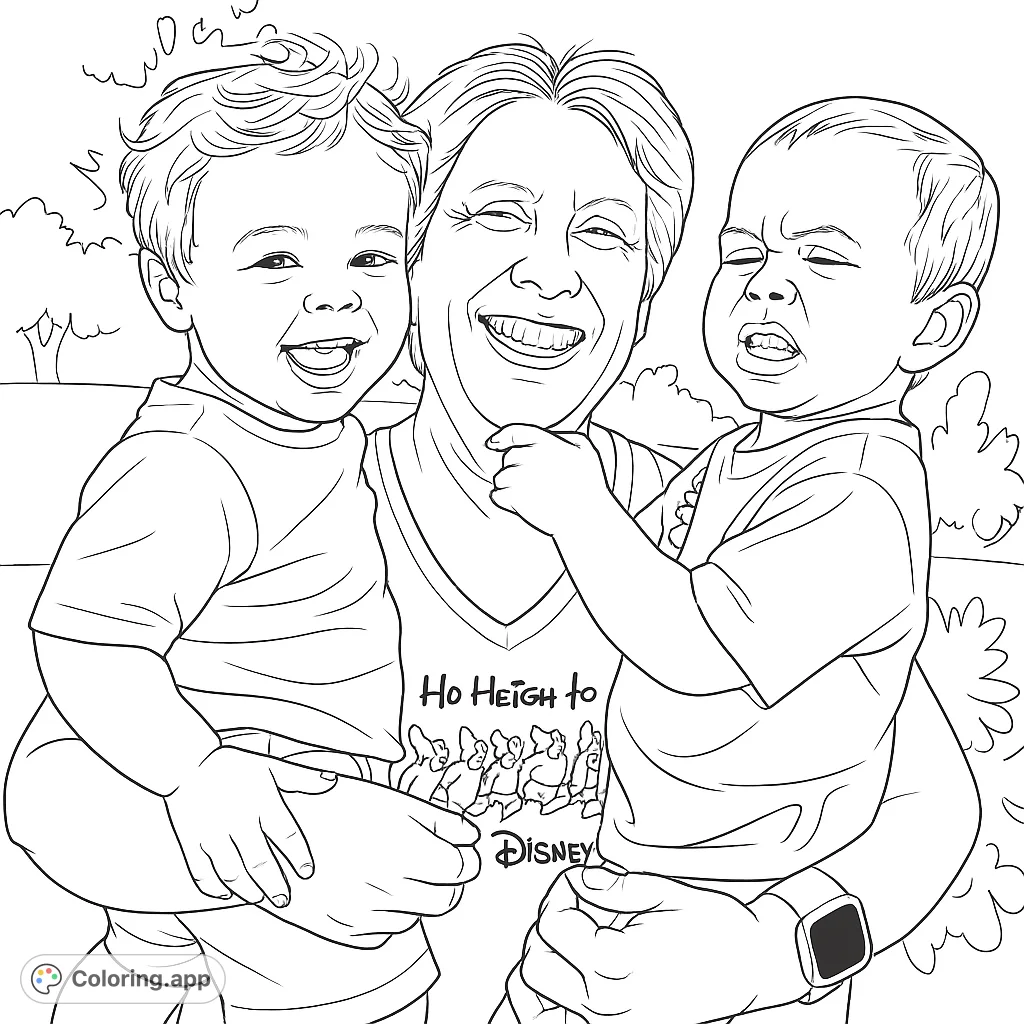 A heartwarming family coloring page featuring a smiling woman embracing two happy children outdoors. Perfect for celebrating family bonds and creating cherished memories.