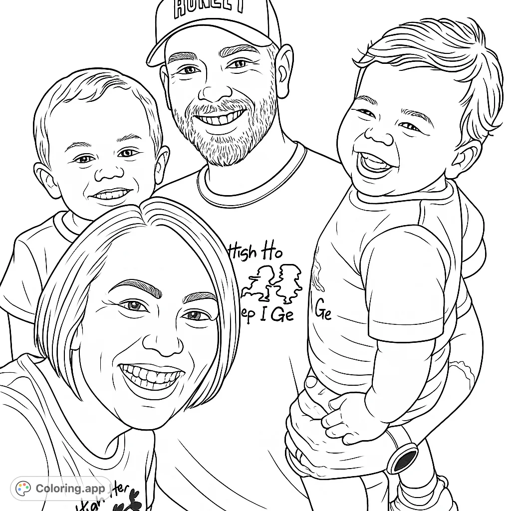 A heartwarming family portrait coloring page featuring two smiling parents and their two joyful children, perfect for all ages.
