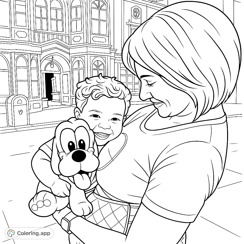 A joyful family moment featuring a woman, a smiling toddler, and a Pluto plush toy, set against an ornate theme park building.