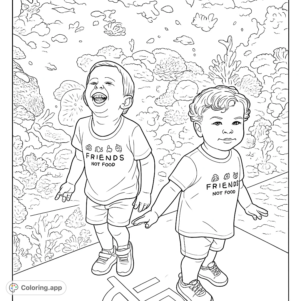 Two joyful children explore a vibrant underwater world in a detailed aquarium scene, perfect for an engaging and educational coloring experience.