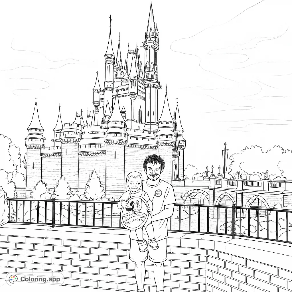 A grand, detailed castle with towering spires and intricate architecture, set against a cloudy sky, perfect for an enchanting coloring adventure.