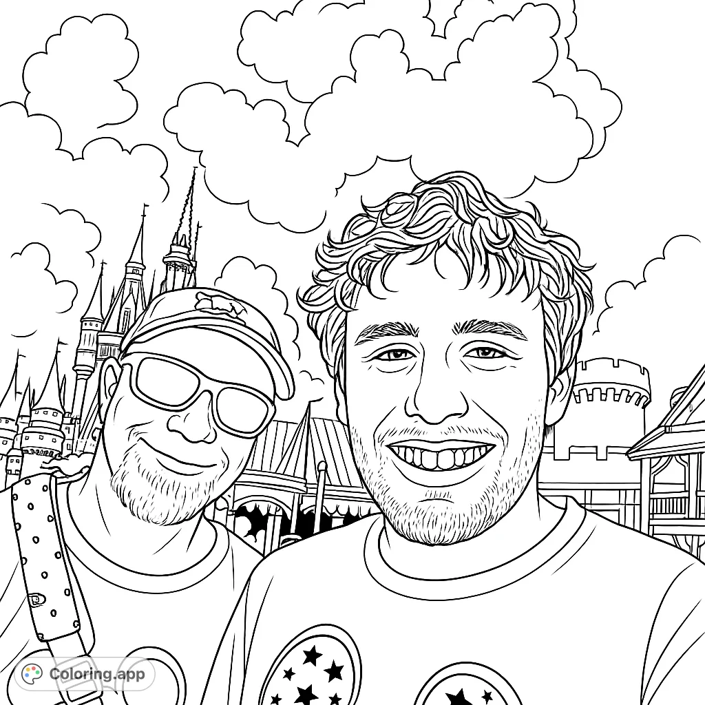 Two smiling men in front of a grand castle, ready for a magical adventure. A fun theme park coloring page for all ages.