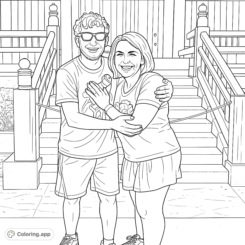 Capture a joyful moment with this family portrait coloring page featuring two smiling individuals in front of a grand, detailed building and staircase.