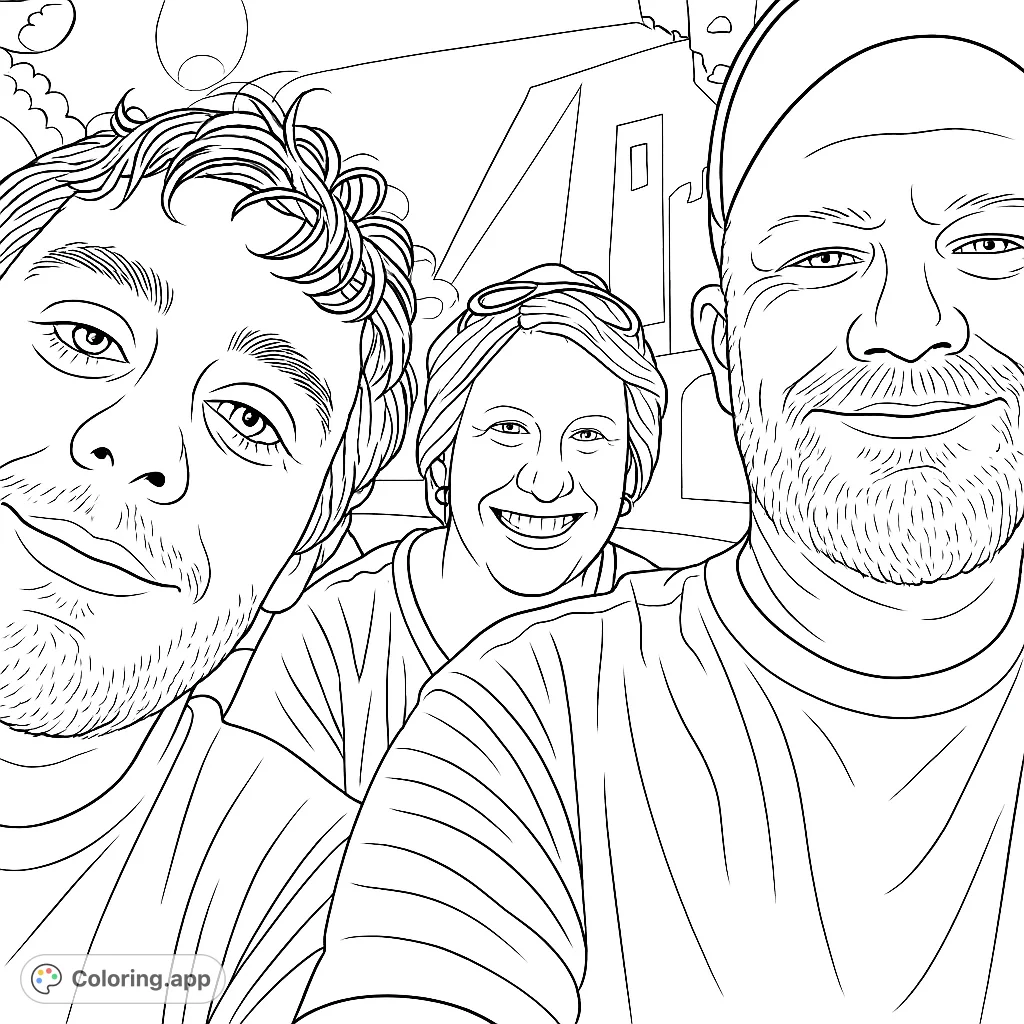 Capture a joyful moment with three smiling individuals against an abstract background. Perfect for family fun coloring.