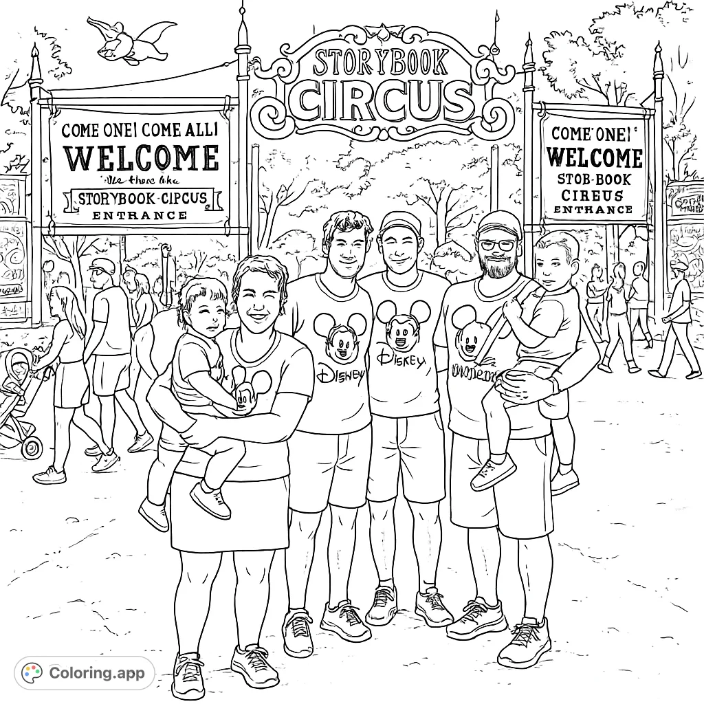 Step into the whimsical Storybook Circus! A grand entrance with banners, a flying elephant, and a lively crowd awaits your creative colors.