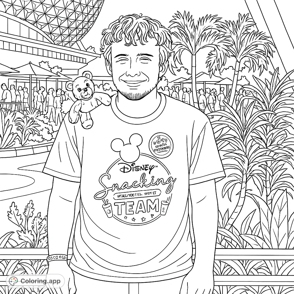 A fun theme park scene featuring a young man with a cute character on his shoulder, set against iconic park landmarks. Perfect for all ages!