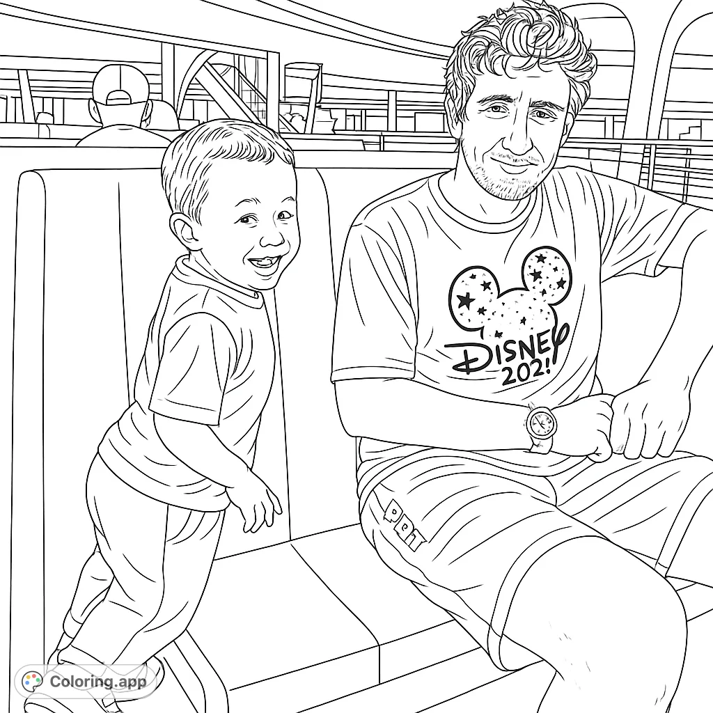 Color a fun theme park adventure featuring a smiling boy and a teen on a ride. Perfect for all ages to enjoy a happy moment!