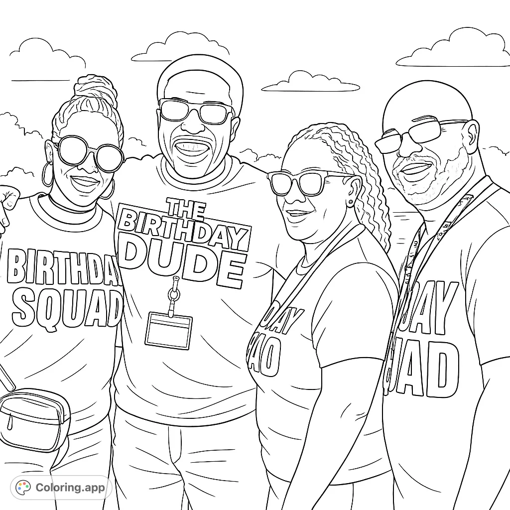 Celebrate with this fun birthday squad coloring page! Four happy people in sunglasses, ready for a party.