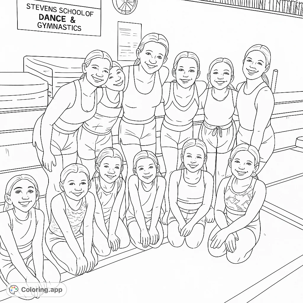 A joyful group of gymnasts posing in their studio, ready for a fun coloring challenge. Perfect for sports enthusiasts and aspiring athletes!