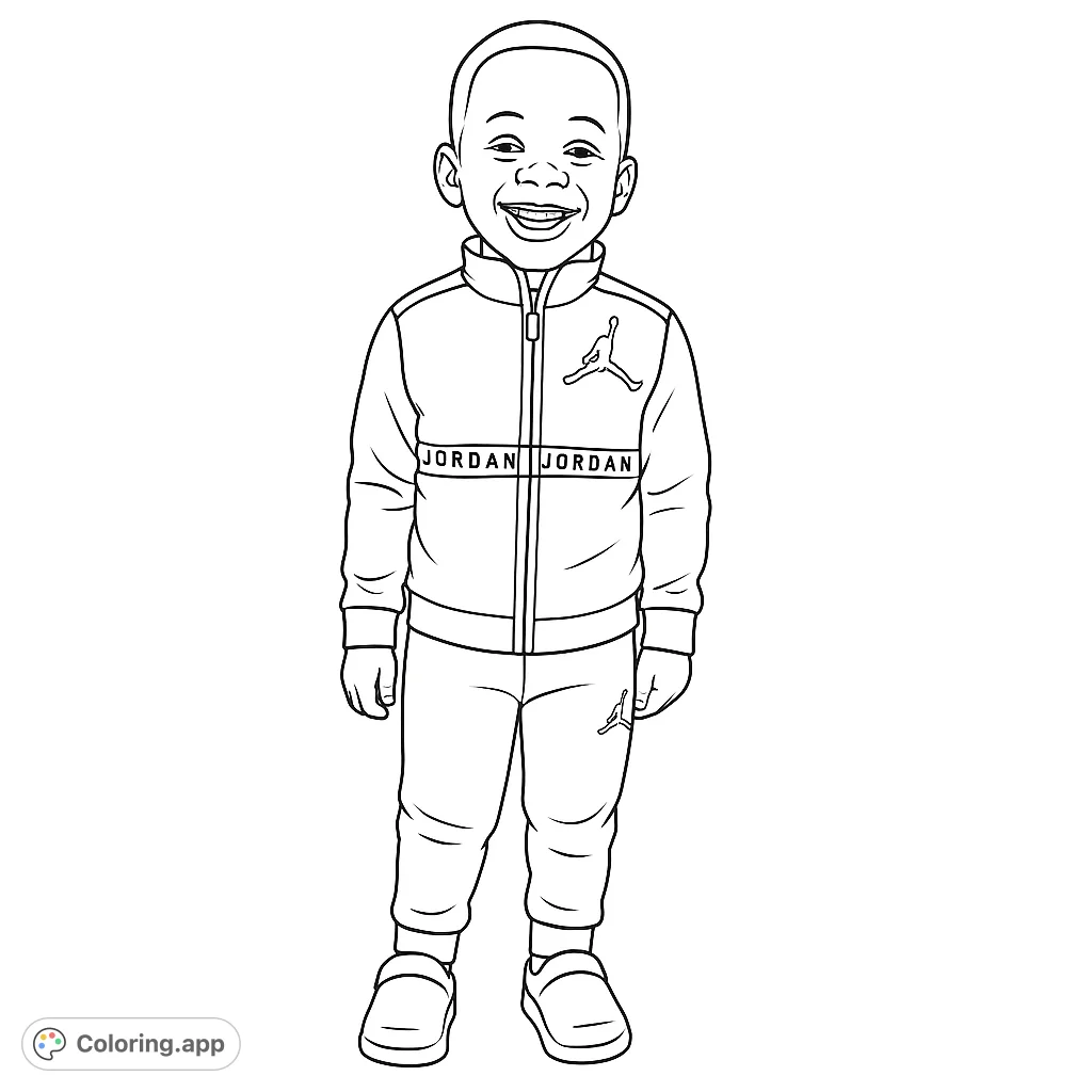 A cheerful boy in a stylish tracksuit, ready for adventure. Perfect for young colorists to express creativity and add vibrant colors to his outfit.
