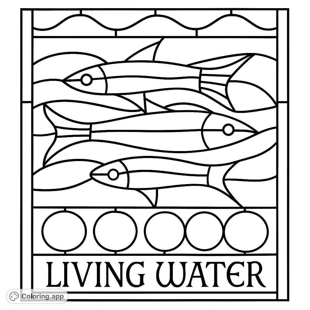 Three stylized fish swim in a wavy water design, framed by geometric patterns. A unique stained glass-inspired coloring page.