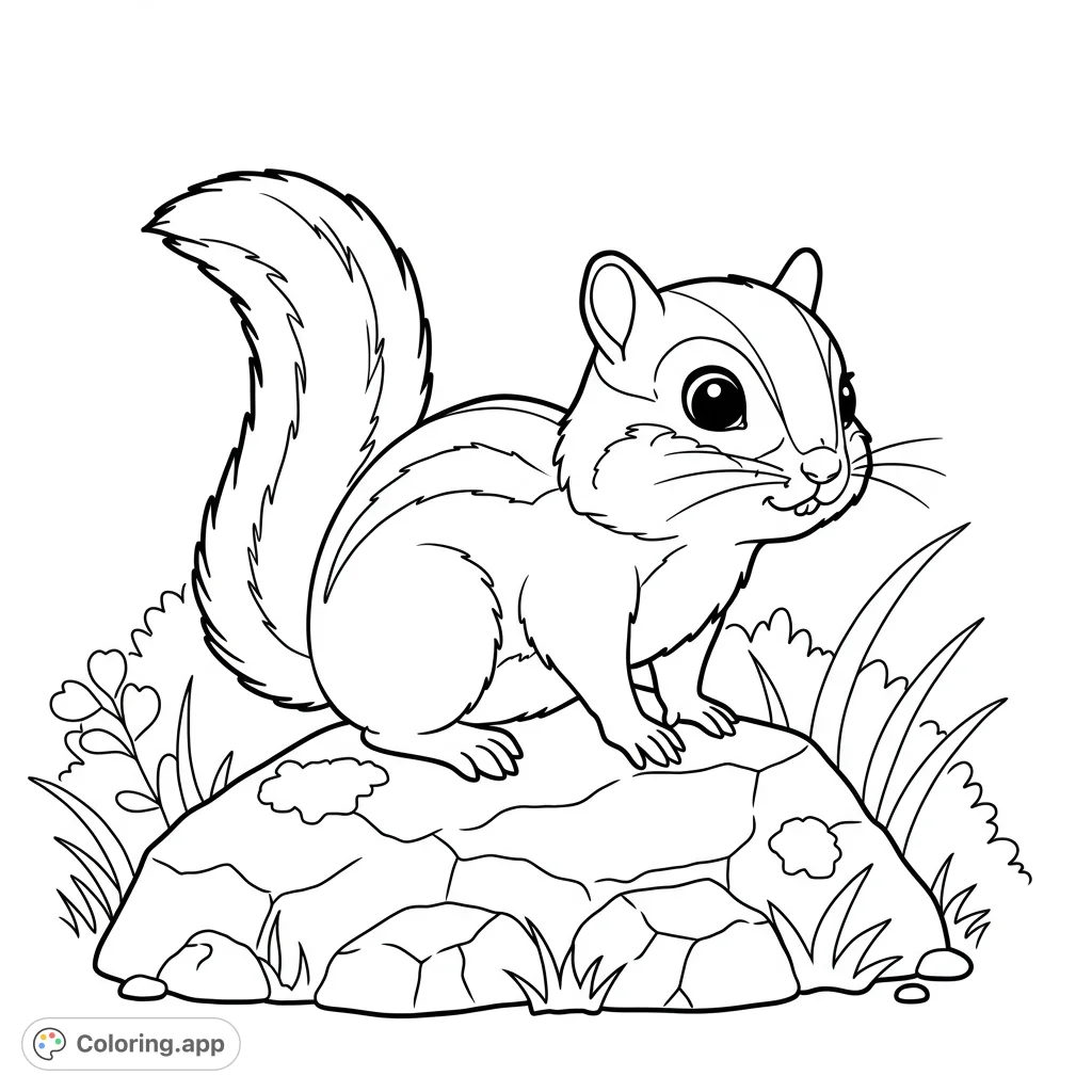 An adorable chipmunk with a bushy tail sits on a textured rock, surrounded by simple nature elements, perfect for a relaxing coloring experience.