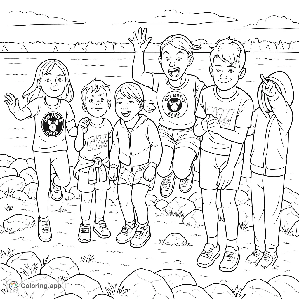Six joyful children pose by a serene lake with a rocky shore and distant trees. A fun, detailed scene perfect for capturing happy memories!