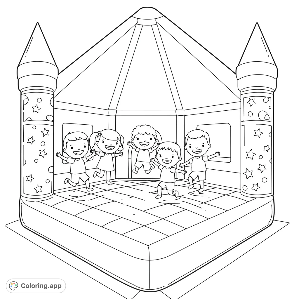Jump into fun with this free printable bounce house coloring page! Features happy kids playing inside a vibrant inflatable, perfect for all ages.