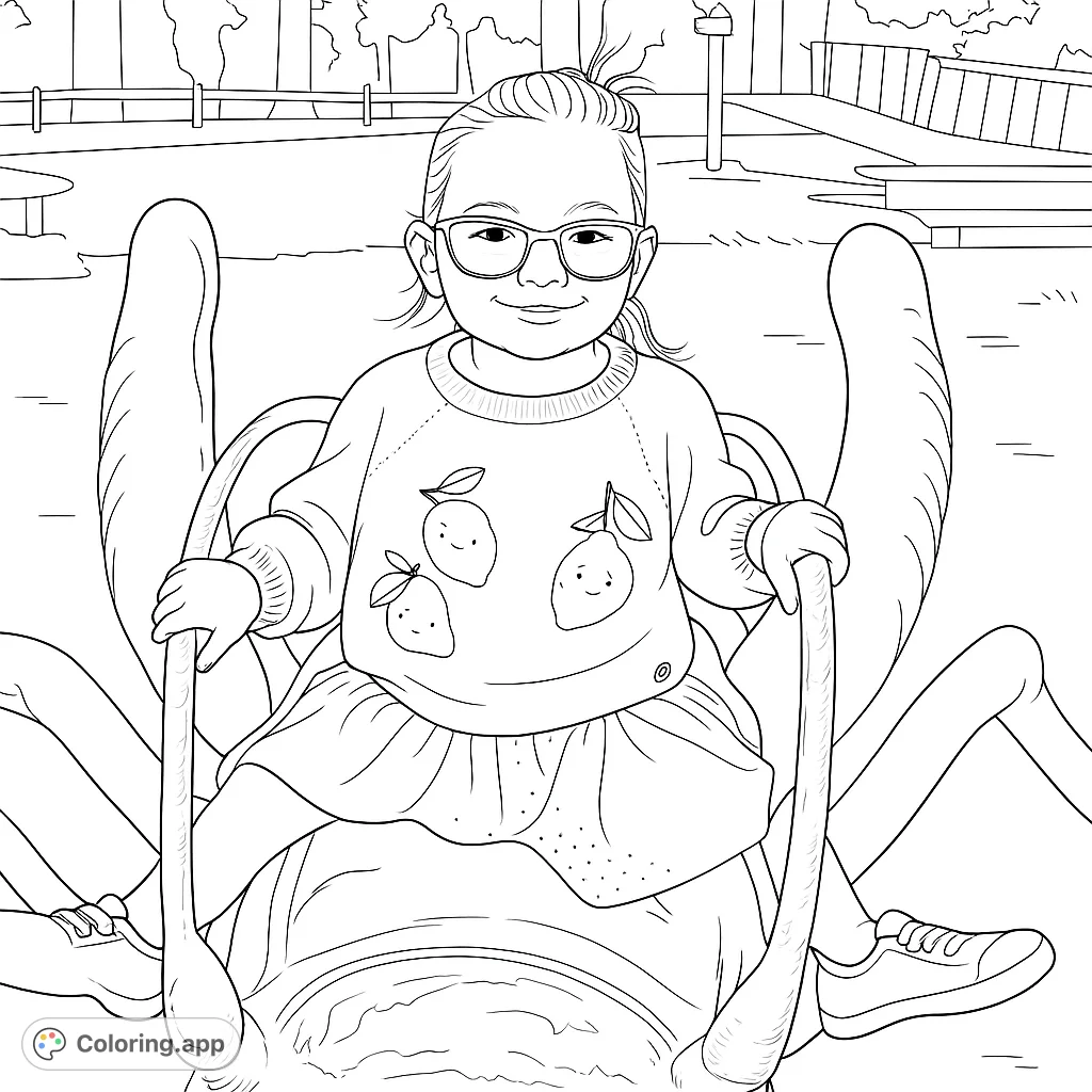 A happy girl with glasses sits on a huge beetle sculpture, ready for a fun coloring adventure. Perfect for kids and bug enthusiasts!