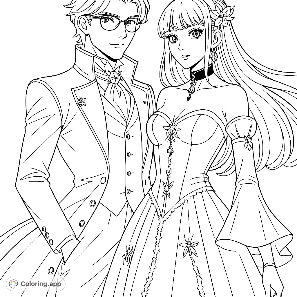An elegant anime couple in detailed formal attire, perfect for a romantic coloring adventure. Bring their sophisticated outfits to life!