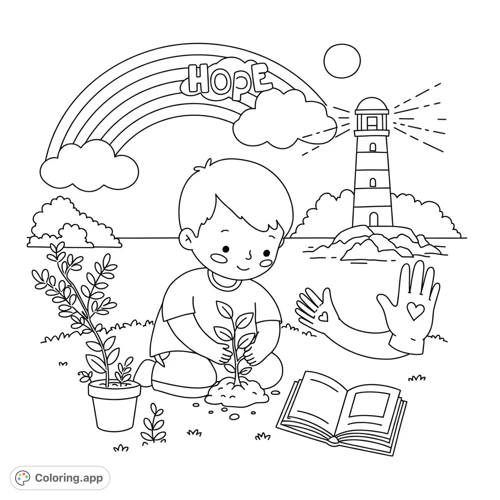 A heartwarming hope coloring page for kids, featuring a child nurturing symbols of resilience. A free printable for mental wellness and growth.
