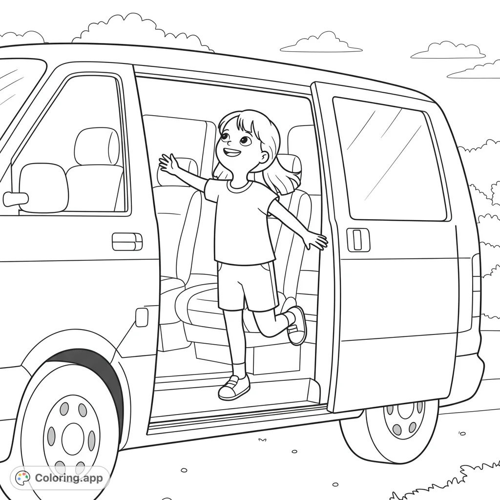 A delightful little girl steps out of a van, taking a deep, happy breath. A charming scene perfect for a free printable coloring page.