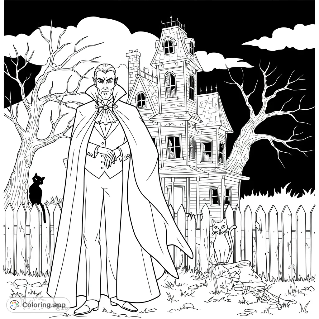 An elegant vampire and a black cat stand before a spooky haunted house under a moonlit night sky, perfect for a thrilling coloring adventure.
