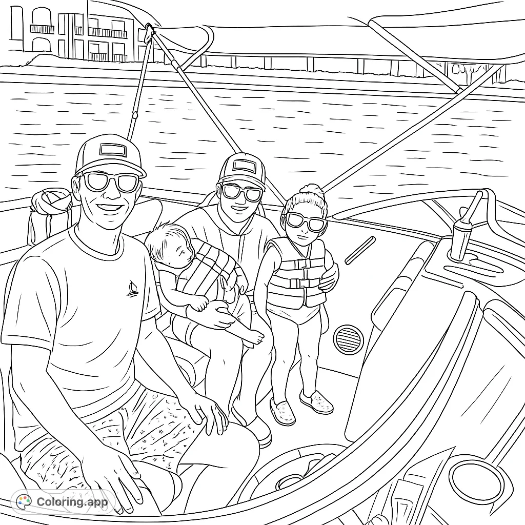 A happy family of four enjoys a sunny boat ride, perfect for a relaxing summer coloring page. Features detailed figures and boat elements.