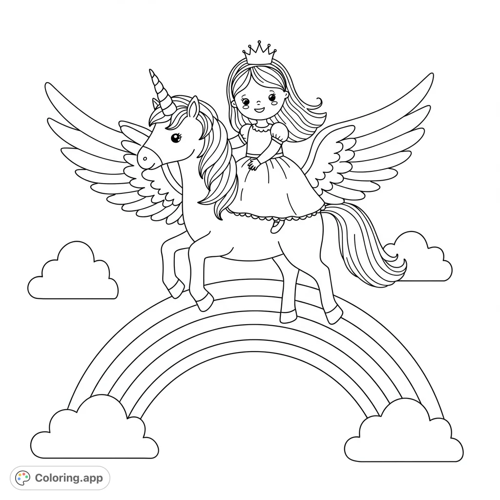 A magical toddler girl unicorn coloring page! A princess in a puffy dress rides a majestic winged unicorn over a vibrant rainbow.