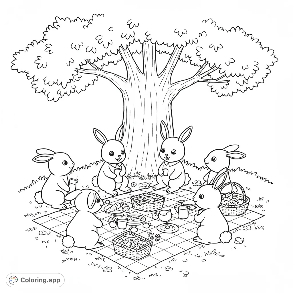A charming free printable rabbit picnic coloring page featuring friendly bunnies sharing food under a tree, perfect for all ages to enjoy.