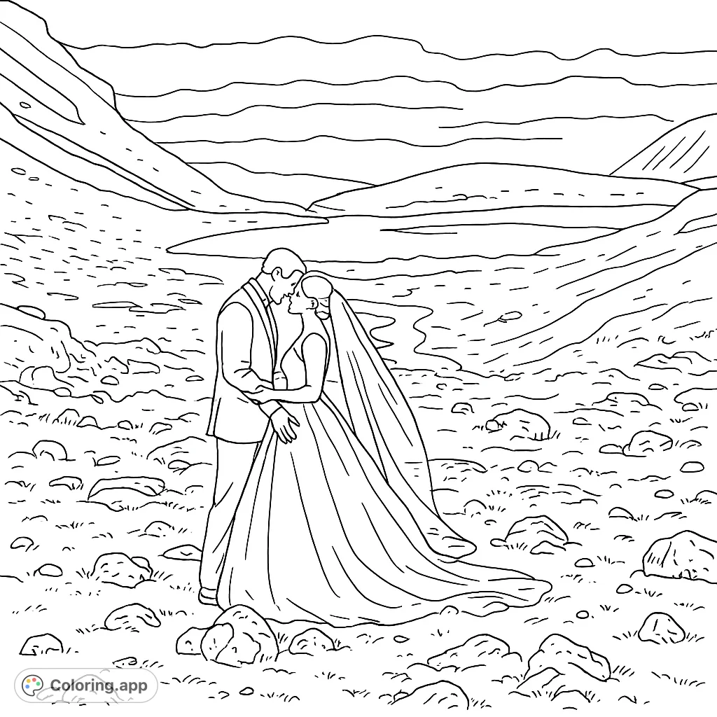 A romantic mountain wedding scene featuring a couple embracing amidst a rugged landscape, serene lake, and majestic peaks. Perfect for celebrating love.