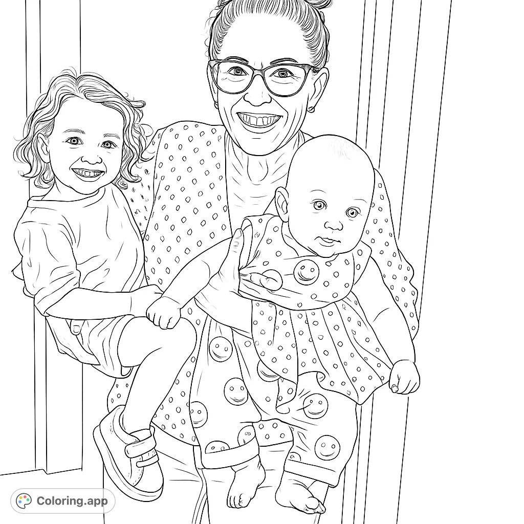 A heartwarming family scene featuring a woman holding a smiling toddler and a curious baby, perfect for a joyful coloring experience.