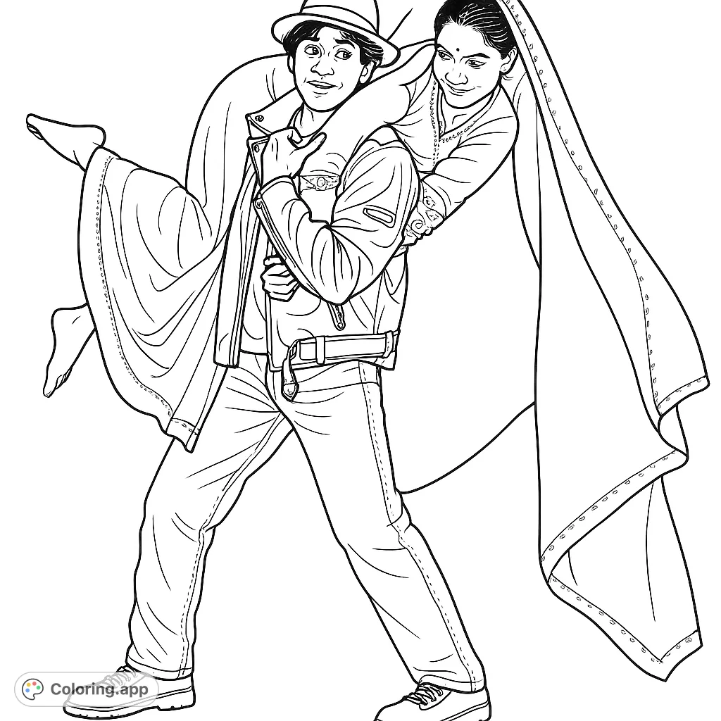 A playful couple in a piggyback pose, featuring a man in a hat and leather jacket carrying a woman in traditional attire with flowing fabric.
