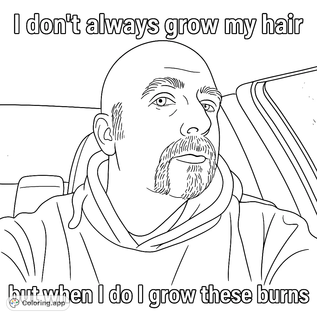 A unique portrait of a bald man with a stylish goatee and sideburns, set inside a car. Perfect for detailed coloring and personal expression.
