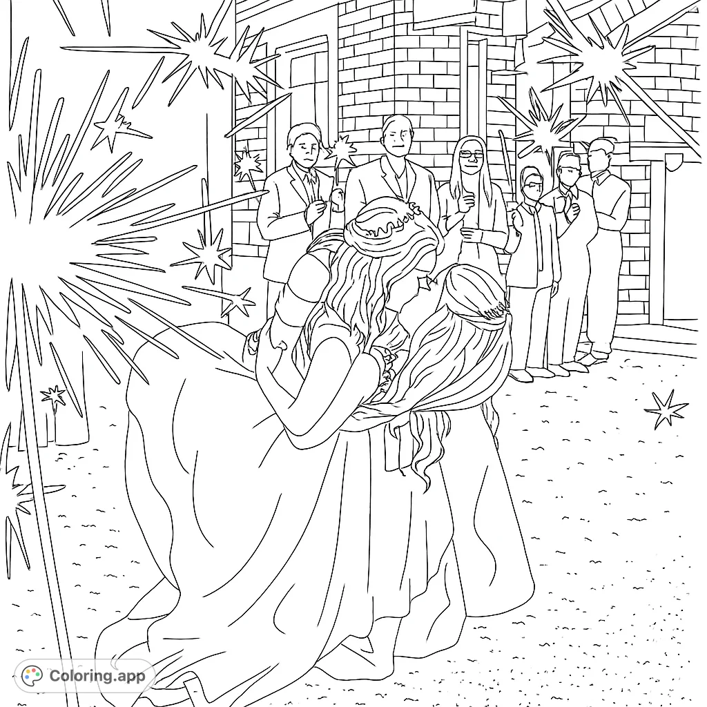 A heartwarming wedding scene with two brides embracing amidst a shower of sparkling light from guests holding sparklers, perfect for a joyful coloring experience.