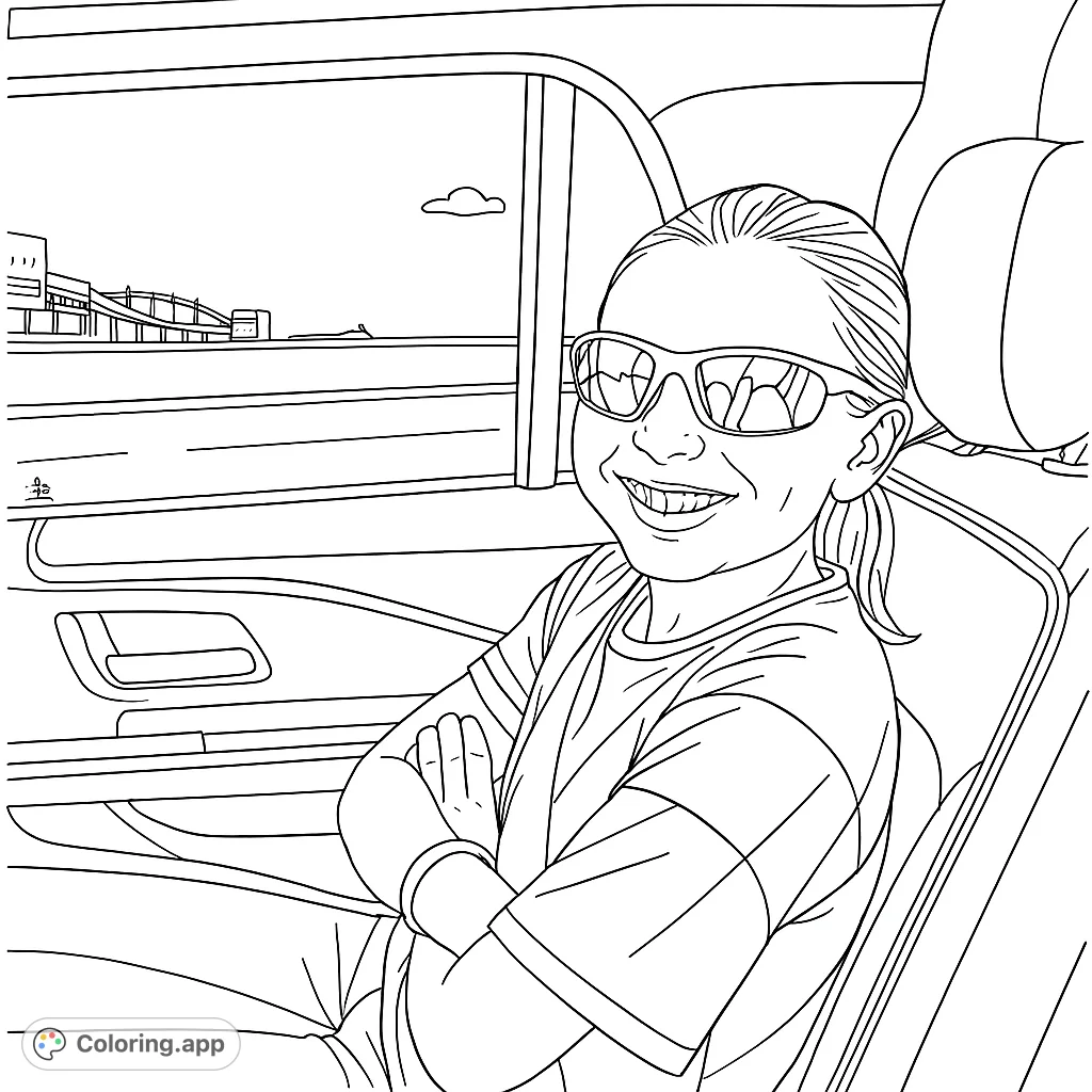 A cheerful child in sunglasses smiles from a car's back seat, ready for adventure. This realistic coloring page captures road trip joy, perfect for all ages.