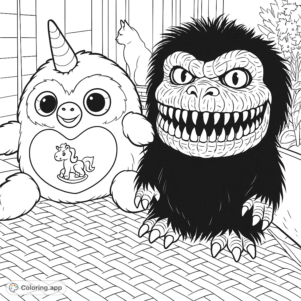 Color a unique duo: a fluffy unicorn plush and a scary monster mask side-by-side on a textured surface, with a cat and plants in the background.