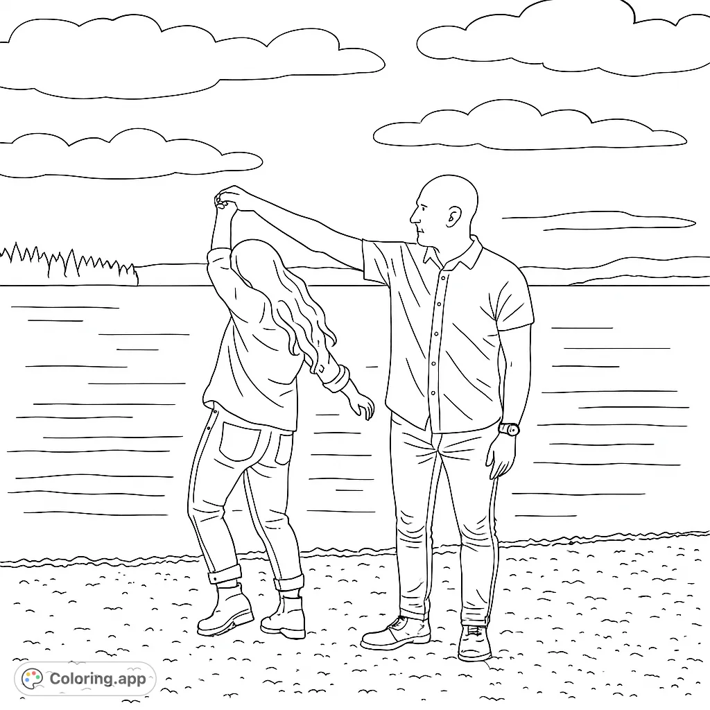 A joyful couple dances by a serene lake. Features a man and woman in a playful pose, with a detailed pebbly shore and distant trees.