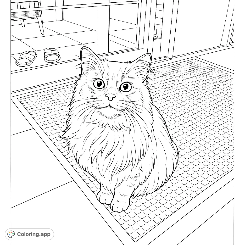 A charming fluffy cat with big eyes sits patiently on a doormat, ready for your creative colors. A delightful and cozy scene for cat lovers to enjoy.