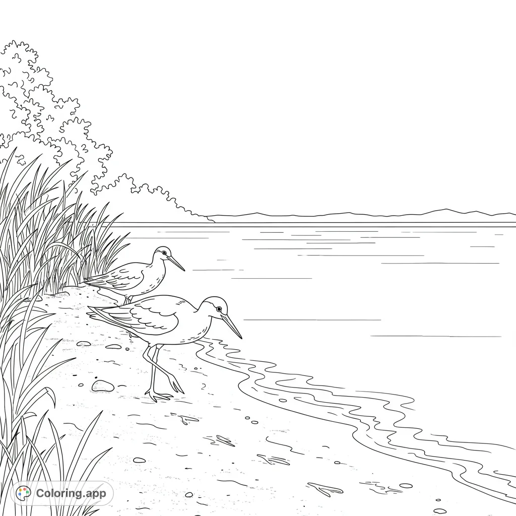 A peaceful bird coloring page featuring elegant birds by a calm lake, with delicate footprints along the shore. Perfect for nature lovers.