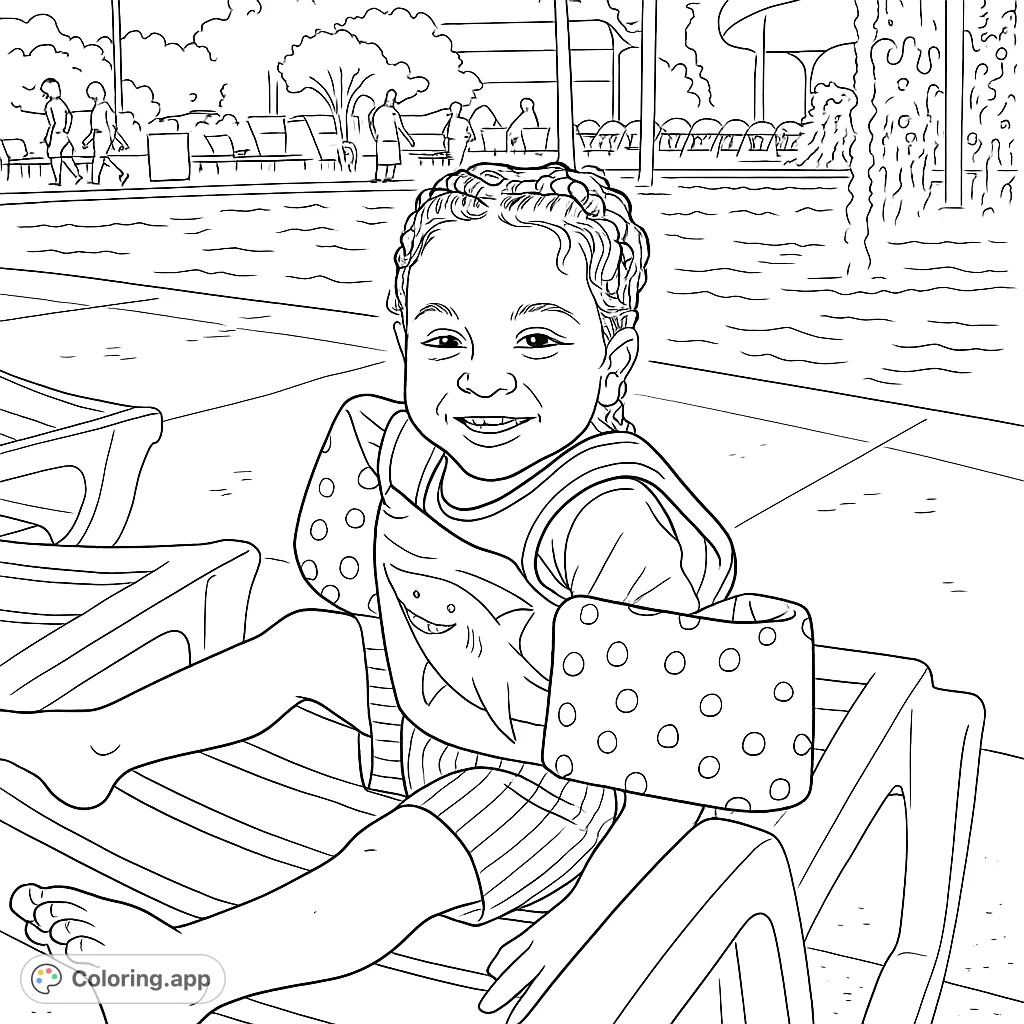 A happy child in a swim vest and arm floaties smiles on a lounge chair by a vibrant water park pool, ready for a fun day of coloring.