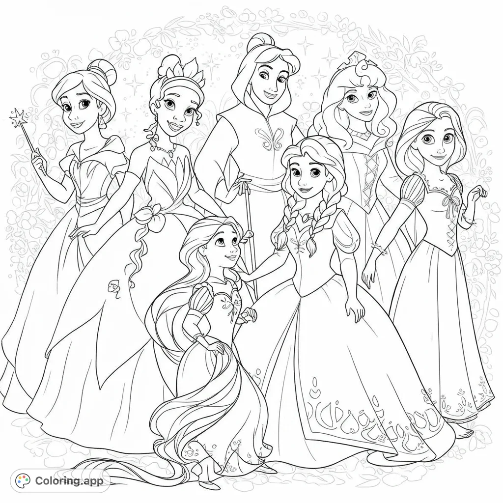 A delightful princess coloring page featuring Tiana, Aurora, Fairy Godmother, Merida, Anna, and Rapunzel, perfect for magical coloring fun!