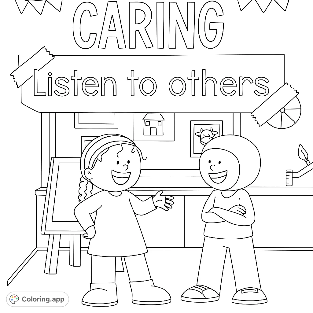 A delightful coloring page featuring two happy children interacting, surrounded by playful classroom elements. Perfect for teaching social skills and empathy.
