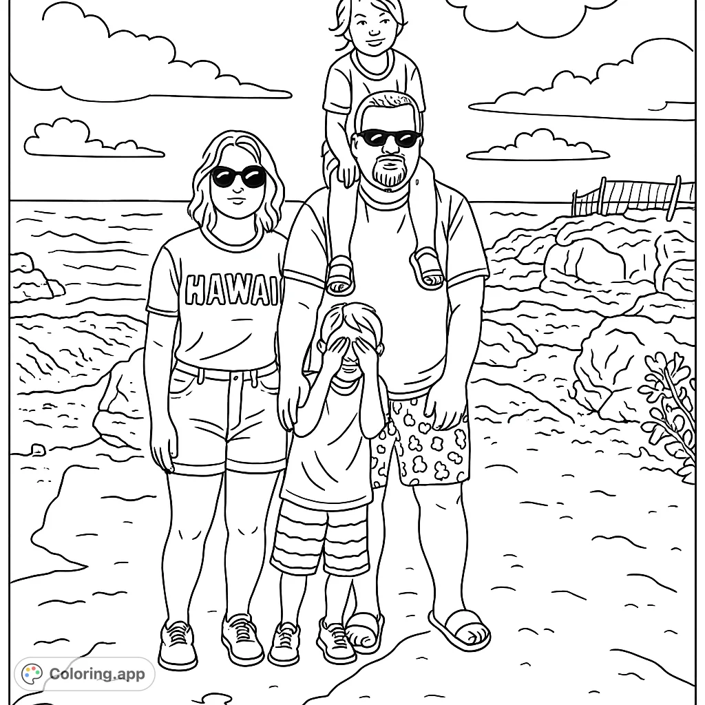 A heartwarming family beach coloring page featuring a family of four posing on a rocky coast with ocean waves and a cloudy sky, perfect for all ages.