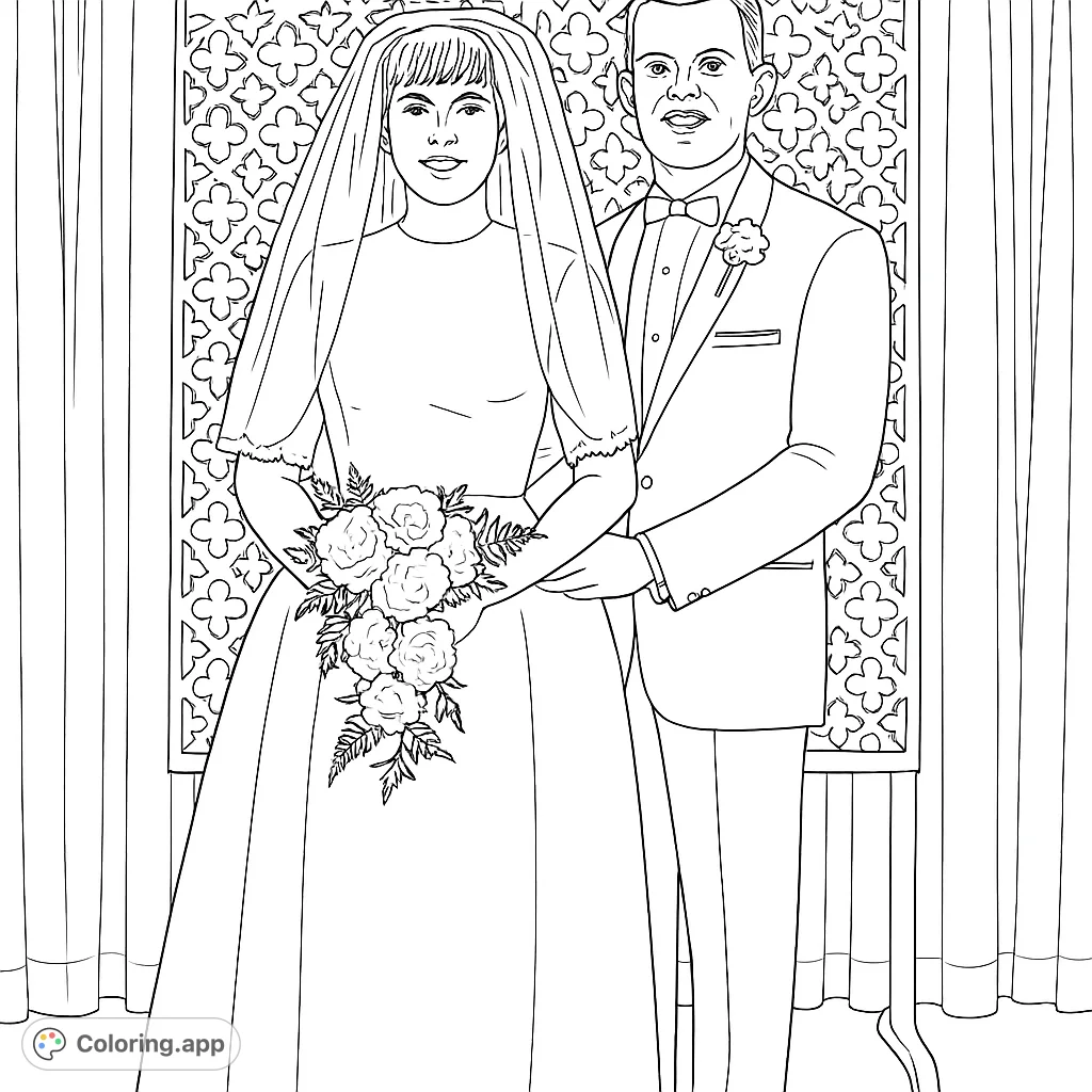 A beautiful wedding scene featuring a smiling bride and groom, perfect for a romantic coloring page. Celebrate love and special moments.