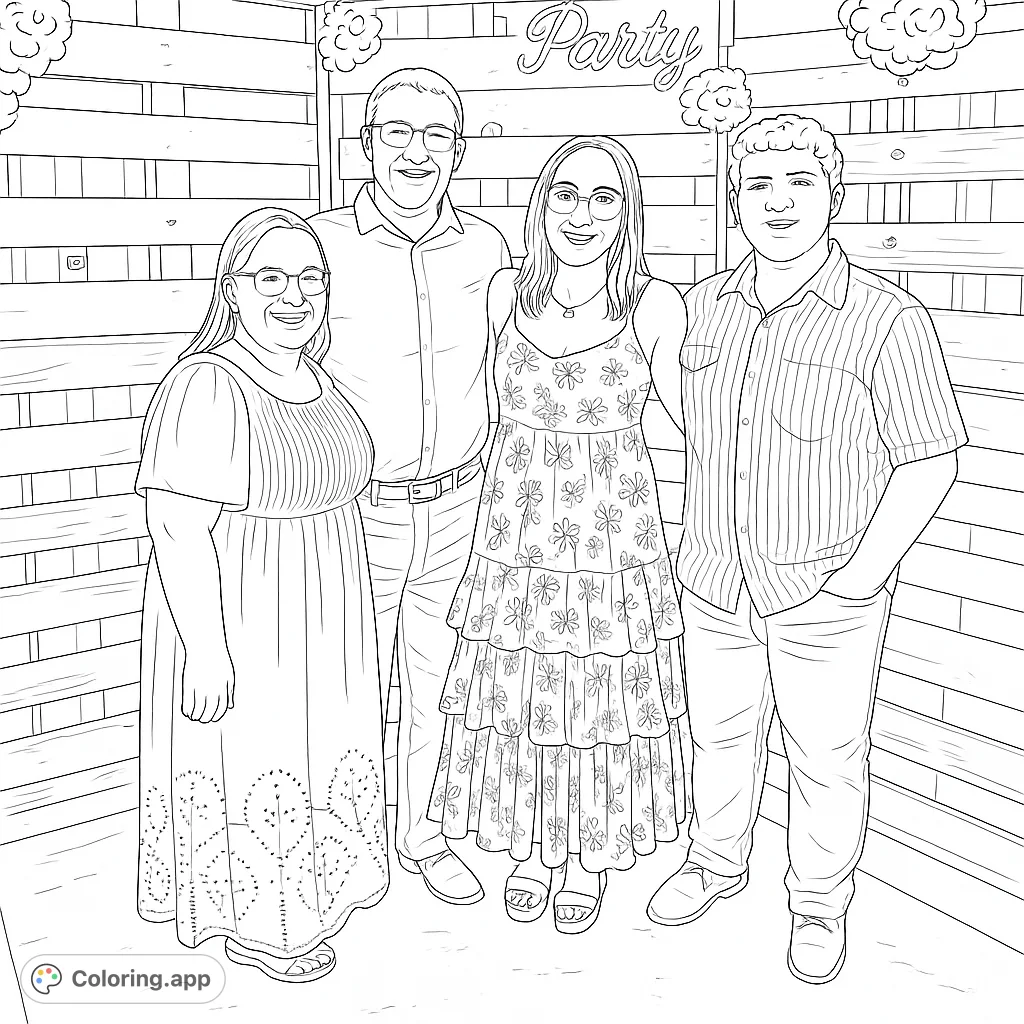 A family portrait coloring page featuring four people smiling in front of a rustic wooden pallet wall adorned with decorative flowers and a "Party" sign.