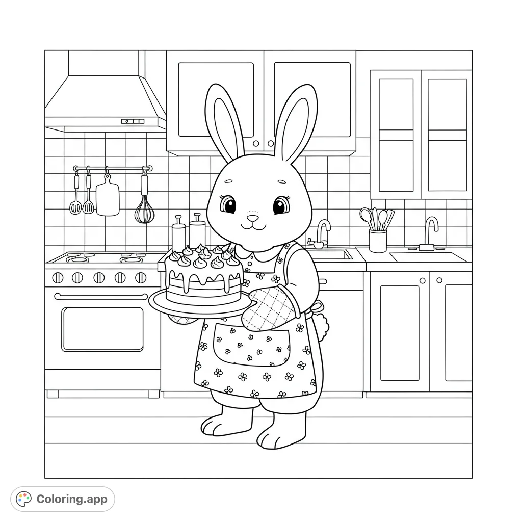 A delightful bunny chef proudly presents a freshly baked cake in a charming kitchen, perfect for a fun and creative coloring experience.